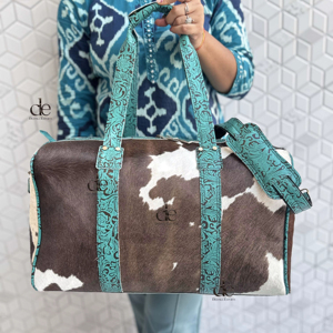 Real Cowhide Leather Luggage Bags Multi Uses Handmade Bag Unisex Travel Bag Big Size Turquoise Color Hair on Hide <b>Fur</b> Handbag - Product Image 1