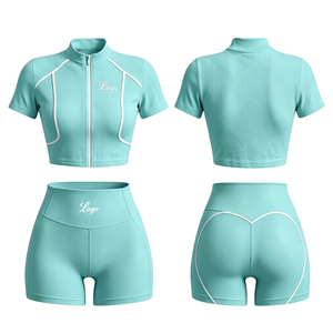 Conjunto de Top de Manga Corta con Cuello Alto y Cremallera, Diseño de Líneas Personalizadas con Logotipo, y Leggings Levanta Glúteos para Mujer 2026 - Product Image 4