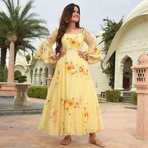 Vestido Largo de Mujer con Mangas con Volantes y Estampado Digital en Georgette, Color Limón - Product Image 1