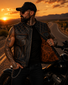 Gilet de motard en cuir véritable écologique pour homme, col montant, empiècements matelassés, poches, motif cachemire, fermeture éclair, vêtement d'extérieur hiver - Product Image 4