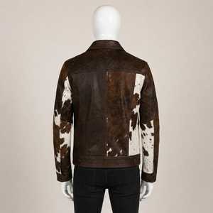 Blouson de motard en cuir véritable pour homme, motif vachette, fermeture éclair, col rabattable, coupe classique, hiver, couleur unie, personnalisable - Product Image 2