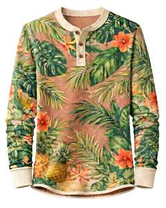Chemise Henley à imprimé tropical pour homme, marron et vert, à manches longues, avec patte de boutonnage, style décontracté, idéale pour l'été et la plage - Product Image 1