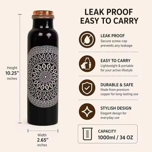 Pure Copper Water Bottle With Hammered Design Minimalist Style Portable Travel <b>Drinkware</b> - Product Image 5