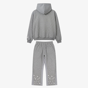 Ensemble de survêtement unisexe gris à capuche 100 % coton, couleur unie, décontracté, pour l'automne, avec imprimé étoile et logo frontal - Product Image 2