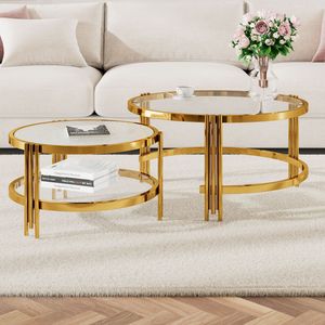 Juego de mesas de centro modernas de 2 piezas con acabado dorado, mesas nido de vidrio texturizado para sala de estar, 32.7 pulgadas - Product Image 1