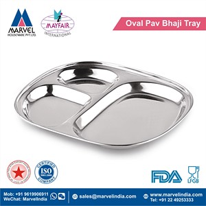 Stainless Steel 3 Compartment Oval Pav Bhaji Tray 24 x 20 Cm Metal Serving Plate - Product Image 2