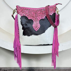 2026 Trendy <b>Pink</b> Floral Hand Tooled Cowhide Leather Fringe <b>Bag</b> New Wholesale Genuine Leather <b>Crossbody</b> Messenger <b>Bag</b> For Women - Product Image 4