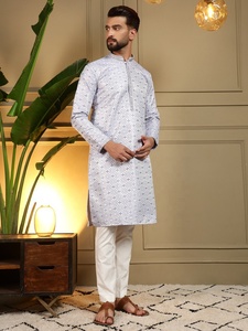 Men White Jacquard Work <b>Kurta</b> Pajama Set Regular Fit Traditional <b>Indian</b> Pakistani Knee-Length Casual Wear - Product Image 2