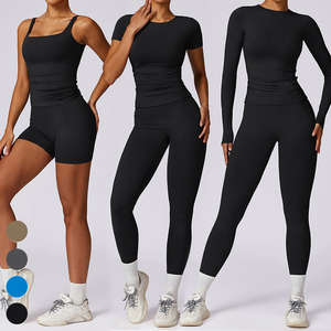 Ensemble de vêtements de sport trois pièces pour femmes, haut à manches courtes extensible kaki, haut à manches longues et short, vêtements de fitness décontractés, coupe ajustée - Product Image 4