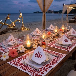 Ensemble de sets de table et de serviettes brodés Corail Côtier, de luxe, lavables, pour une décoration marine élégante, idéal pour hôtels, mariages et réceptions - Product Image 4