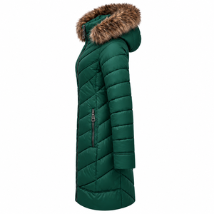 Veste matelassée longue pour femme de qualité supérieure, verte, avec capuche en fourrure, fermeture éclair, manteau d'hiver chaud, design de logo personnalisé - Product Image 2
