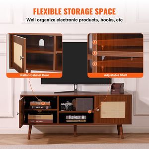 Mobile TV in Stile Mid-Century Modern, Mobiletto TV Boho con Ripiani Regolabili, Consolle TV in Rattan Stile Rustico per TV da 55 Pollici - Product Image 4