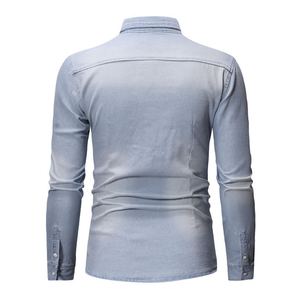 Chemises en jean de coton pour hommes, à manches longues, respirantes, délavées, boutonnées, bleues, coupe classique, effet usé - Product Image 4