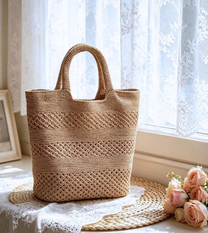 Large Raffia Tote Bag Handwoven Crochet