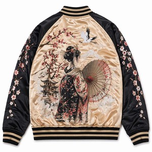 OEM ODM Luxury Premium Reversible Sukajan Bomber <b>Jacket</b> Stand Champagne Gold Satin Geisha Embroidered <b>Patchwork</b> Winter Front - Product Image 3