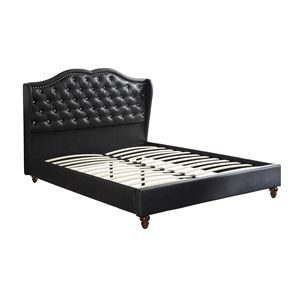 Ensemble de lit Queen Size en similicuir noir, avec cadre de lit et tête de lit capitonnée à dossier ailé, mobilier de chambre rembourré - Product Image 2