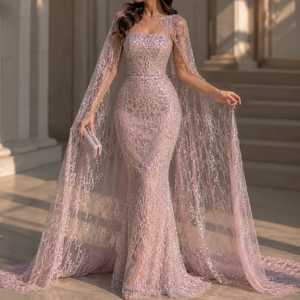 <b>Silver</b> Crystal Embellished Evening Gown Women Designer Mermaid <b>Dress</b> Natural Waist Detachable Train Floor-Length Chiffon - Product Image 4