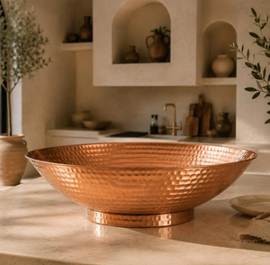 Handcrafted Large Hammered Copper Pedestal Bowl Round Centerpiece Decor For Kitchen <b>Island</b> Dining <b>Table</b> Countertop Storage Tray - Product Image 3