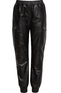 Black PU Leather Breathable Cargo Joggers with Front Zipper Pockets Unisex Streetwear Tapered Fit Track Pants - Product Image 5