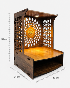 Mandir Om de Madera Hecho a Mano con Luz LED, Mandala de Loto Cortado con Láser, Templo de Puja, Altar Cerrado para el Hogar, Acabado en Madera de Teca, 39x30x24 cm - Product Image 3