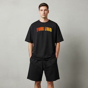 Nuevo conjunto de pantalón corto y camiseta de moda para hombre, estilo oversize, hombros caídos, cuello redondo, manga corta, corte holgado, 100% algodón, talla grande, conjunto de 2 piezas. - Product Image 4