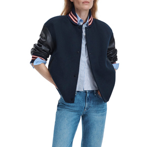 Veste universitaire pour femme bleu marine avec manches en cuir et bordure contrastante, col montant, manches longues, pour l'automne - Product Image 1