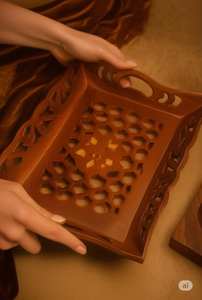 Plateau de service artisanal en bois de Sheesham, motif nid d'abeille, élégant décor de table indien et ustensiles de cuisine écologiques - Product Image 5