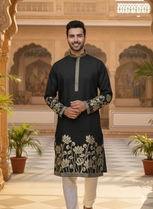 Conjunto de Kurta y Pijama Formal de Seda con Bordado en Dorado, de Secado Rápido y Corte Regular, para Bodas y Fiestas Masculinas - Product Image 3