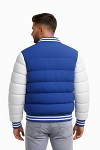 <b>Men</b>’s Royal Blue & <b>White</b> Varsity Puffer <b>Jacket</b> Winter Quilted Bomber Coat Snap Button Streetwear Custom Logo - Product Image 2