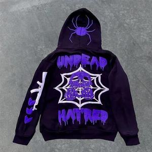 Sweat-shirt à capuche zippé Y2K personnalisé, style streetwear, motif toile d'araignée gothique, squelette, coupe oversize, pour homme, en molleton épais, style punk - Product Image 2