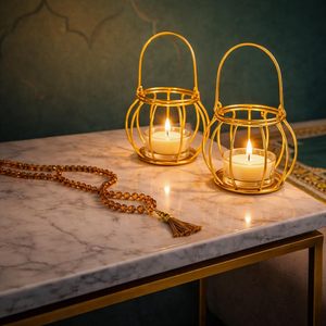 Gold Metal Candle Holder <b>Set</b> of 2 with Glass Tealight Candle Cups Decorative Lantern Style Candle Holders with Handles for Home - Product Image 6