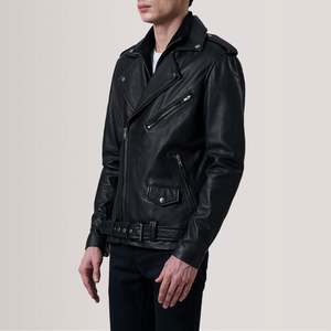 Chaqueta de Cuero Negra Personalizada para Hombre, Estilo Motero, con Cinturón, Chaqueta de Cuero Asimétrica para Motocicleta, Chaqueta de Cuero Genuino de Alta Calidad al por Mayor - Product Image 4