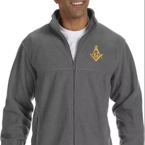 Veste polaire zippée pour homme, brodée d'un carré et d'un compas maçonniques, en polyester et polaire. - Product Image 1