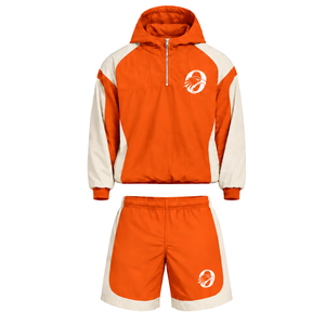 <b>Mens</b> Orange Neutral Colorblock Nylon <b>Hoodie</b> Shorts Set Quarter Zip Lightweight <b>Running</b> Fitness Training Casual Sports Outfit - Product Image 1