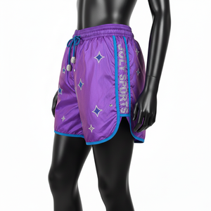 Shorts coupe-vent légers en polyester 130 GSM, doux, avec panneaux bleu violet et logo en strass, personnalisés pour femmes. - Product Image 6