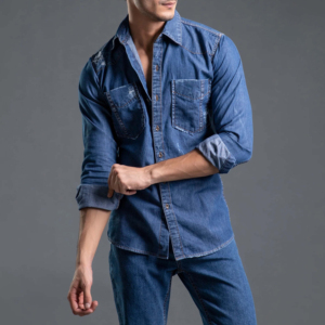 Camisa de mezclilla azul elegante para hombre, camisa informal de algodón de manga larga con botones para uso diario, viajes, trabajo, actividades al aire libre y uso informal - Product Image 1