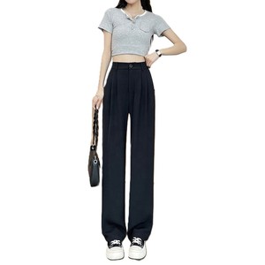 High <b>Waist</b> Pleated Satin Straight Pants Women Loose Ankle-Length Solid Color Button Fly Casual Summer <b>Trousers</b> Green - Product Image 3