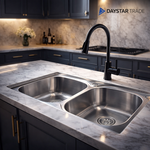 Daystar Trade Handmade Stainless Steel Double Bowl Rectangular Kitchen Sink <b>Brushed</b> Surface Modern Design Undermount Two Hole - Product Image 1
