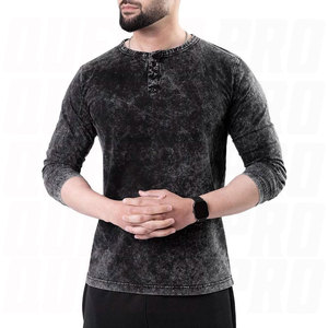Wholesale Organic Cotton Custom Logo Acid Wash T Shirt Premium Quality Long Sleeve Casual Henley Collar Vintage Washed - Product Image 3