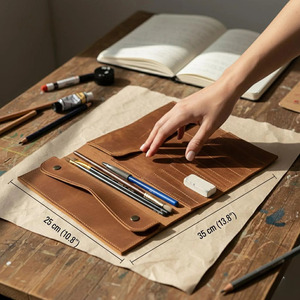 Organizador de Pinceles de Cuero Genuino Enrollable con Múltiples Bolsillos, Bolsa de Almacenamiento para Artistas, Personalización de Marca, Precio de Mayoreo Directo de Fábrica - Product Image 5