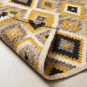 Handwoven Wool Geometric Diamond <b>Rug</b> - Mustard Black Ivory Tribal Kilim Style Area Floor Carpet Modern <b>Boho</b> Home Decor - Product Image 6