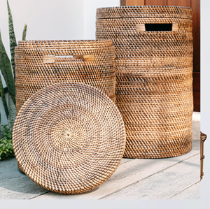 Pair of <b>rectangular</b> open-slat natural cane storage <b>baskets</b> featuring vertical reed construction and woven corner, at wholesale. - Product Image 6