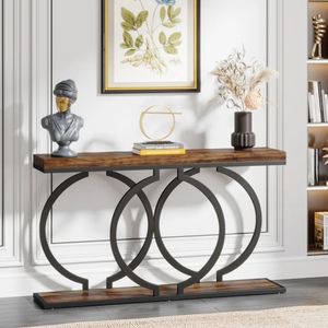 Table console en bois d'acacia naturel de luxe avec cadre circulaire en métal noir et étagère inférieure pour la décoration de la maison - Product Image 3