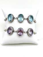 Bracelet Bali en argent sterling vintage de luxe, triple pierre ovale, améthyste, topaze bleue, plaqué or, fait main, certifié IGI