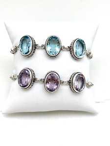 Pulsera Bali de Plata de Ley con Tres Piedras Ovaladas de Amatista y Topacio Azul, Joyería Hecha a Mano con Piedras Preciosas, Regalo para Mujer, Venta al por Mayor - Product Image 4