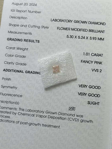 เพชรหลวมหรูหราขนาด 1.01 กะรัต รูปทรงโมโนแกรม ความสะอาดระดับ VVS ได้รับการรับรองจาก IGI เพชรแฟนซีสีชมพูที่เพาะเลี้ยงในห้องปฏิบัติการ CVD สำหรับทำเครื่องประดับ ขายส่ง - Product Image 5