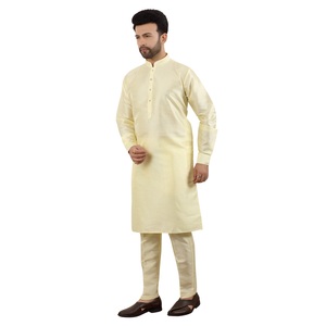 Shahi Vastra Men's Dupion <b>Silk</b> Wrinkle Free <b>Kurta</b> Pajama Set Light Yellow | Indian Ethnic Wear | Size 36-50 | Wholesale - Product Image 2