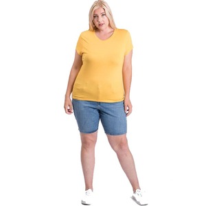 Camiseta de Algodón de Alta Calidad para Mujer, Talla Grande, Cuello en V, Manga Corta, Color Amarillo, Estilo Casual, Corte Regular - Product Image 2