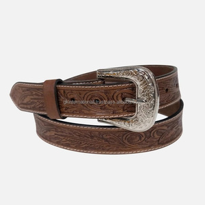 Ceinture en cuir marron classique, sculptée à la main, à motifs floraux, style western, unisexe, avec boucle en laiton plaqué argent design. - Product Image 2