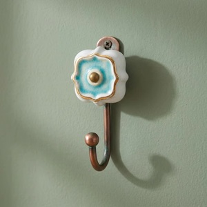 Vintage Ceramic Flower Wall <b>Hook</b> with Blue Crackle Glaze and Copper Finish Handmade <b>Decorative</b> <b>Coat</b> <b>Hook</b> for Clothing - Product Image 1